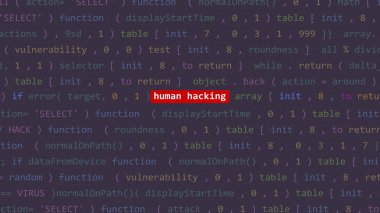 Vue 'daki kod editörü stüdyosunun ön planında insan hackleme metni var. İncinebilirlik metni ikili sistem ascii içinde. İngilizce metin, İngilizce metin