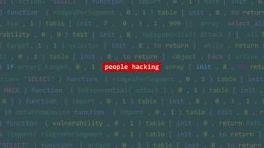 Siber saldırılar, Vue 'daki kod editörü stüdyosunun ön planındaki metni hackleyen insanlar. İncinebilirlik metni ikili sistem ascii içinde. İngilizce metin, İngilizce metin