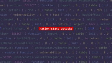 Siber saldırı ulus-devlet saldırıları Vue 'nun kod editörü stüdyo noktasında ön ekran metni. İncinebilirlik metni ikili sistem ascii içinde. İngilizce metin, İngilizce metin