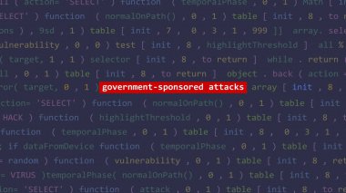 Siber saldırı, hükümet destekli saldırı metni kod editörü stüdyo noktası Vue 'nun ön ekranında. İncinebilirlik metni ikili sistem ascii içinde. İngilizce metin, İngilizce metin