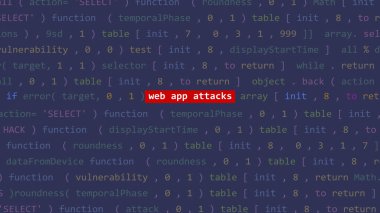 Siber saldırı web uygulaması Vue 'nun kod editörü stüdyo noktasının ön planında metne saldırıyor. İncinebilirlik metni ikili sistem ascii içinde. İngilizce metin, İngilizce metin