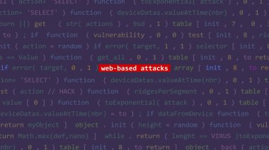 Siber saldırı web tabanlı saldırı metni Vue 'nun kod düzenleyicisi stüdyo noktasında ön planda. İncinebilirlik metni ikili sistem ascii içinde. İngilizce metin, İngilizce metin