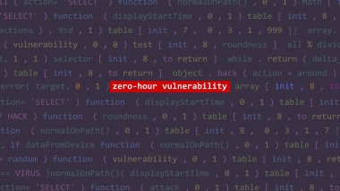 Siber saldırı sıfır saat savunmasızlık metni Vue 'nun kod editörü stüdyo noktasında. İncinebilirlik metni ikili sistem ascii içinde. İngilizce metin, İngilizce metin