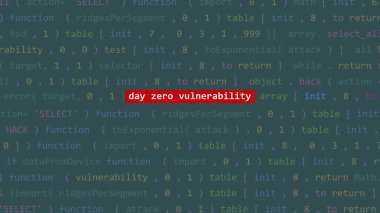 Siber saldırı günü Vue 'nun kod düzenleyicisi stüdyo noktasında ön plandaki savunmasız metin. İncinebilirlik metni ikili sistem ascii içinde. İngilizce metin, İngilizce metin