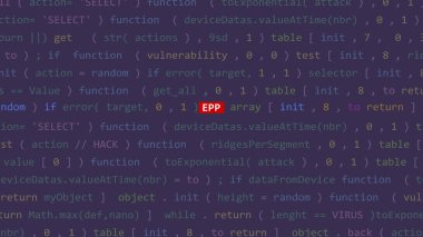 Vue 'nun kod editörü stüdyo noktasında siber saldırı epp metni. İncinebilirlik metni ikili sistem ascii içinde. İngilizce metin, İngilizce metin