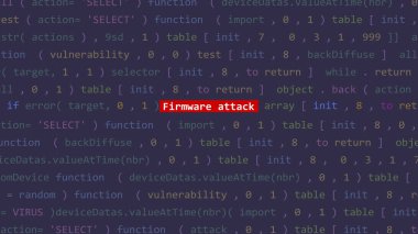 Vue 'nun kod editörü stüdyo noktasında siber saldırı yazılımı saldırısı metni. İncinebilirlik metni ikili sistem ascii içinde. İngilizce metin, İngilizce metin