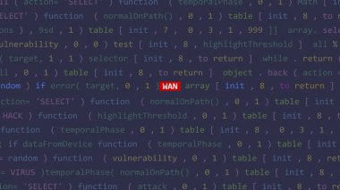 Siber saldırı, Vue 'nun kod editörü stüdyo noktasının ön planında. İncinebilirlik metni ikili sistem ascii içinde. İngilizce metin, İngilizce metin
