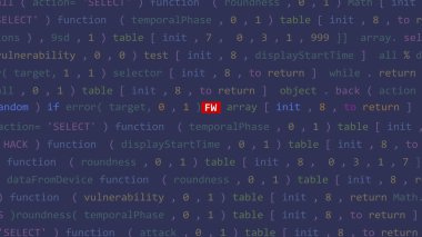 Vue 'nun kod editörü stüdyo noktasında siber saldırı metni var. İncinebilirlik metni ikili sistem ascii içinde. İngilizce metin, İngilizce metin