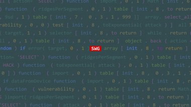 Vue 'nun kod editörü stüdyo noktasında siber saldırı metni. İncinebilirlik metni ikili sistem ascii içinde. İngilizce metin, İngilizce metin