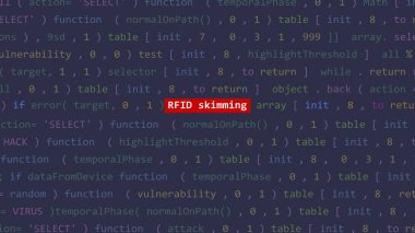 Vue 'nun kod editörü stüdyo noktasında siber saldırı rfid kaymak metin ön ekran. İncinebilirlik metni ikili sistem ascii içinde. İngilizce metin, İngilizce metin
