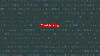 Sanal saldırı, Vue 'nun kod editörü stüdyo noktasının ön planındaki güvenilir metin. İncinebilirlik metni ikili sistem ascii içinde. İngilizce metin, İngilizce metin