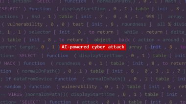 Siber saldırı siber saldırı metni Vue 'nun ön ekran kod editörü stüdyo noktasında. İncinebilirlik metni ikili sistem ascii içinde. İngilizce metin, İngilizce metin