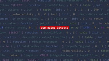 Siber saldırı usb tabanlı saldırı metni Vue 'nun kod düzenleyicisi stüdyo noktasında ön planda. İncinebilirlik metni ikili sistem ascii içinde. İngilizce metin, İngilizce metin