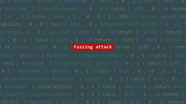 Vue 'nun kod editörü stüdyo noktasında siber saldırı saldırı metni. İncinebilirlik metni ikili sistem ascii içinde. İngilizce metin, İngilizce metin
