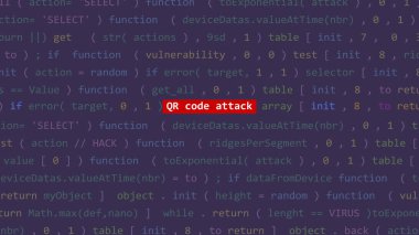 Sanal saldırı QR kod saldırı metni Vue 'nun kod düzenleyicisi stüdyo noktasında ön planda. İncinebilirlik metni ikili sistem ascii içinde. İngilizce metin, İngilizce metin