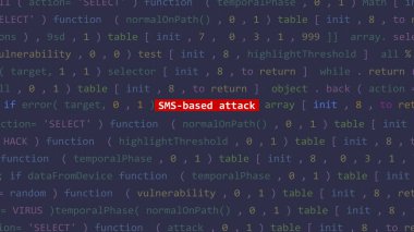 Vue 'nun kod düzenleyicisi stüdyo noktasında SMS tabanlı saldırı metni. İncinebilirlik metni ikili sistem ascii içinde. İngilizce metin, İngilizce metin