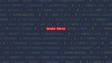 Siber saldırı kaba kuvvet metni Vue 'nun kod düzenleyicisi stüdyo noktasında. İncinebilirlik metni ikili sistem ascii içinde. İngilizce metin, İngilizce metin