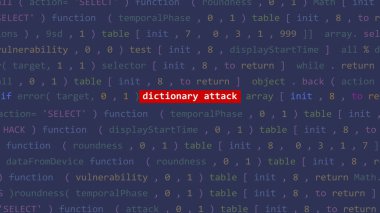 Vue 'nun kod düzenleyicisi stüdyo noktasında siber saldırı sözlüğü saldırı metni. İncinebilirlik metni ikili sistem ascii içinde. İngilizce metin, İngilizce metin