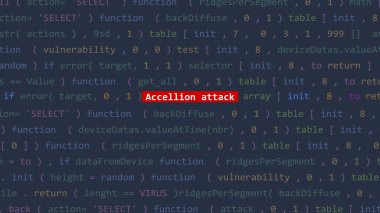Vue 'nun kod editörü stüdyo noktasında siber saldırı metni var. İncinebilirlik metni ikili sistem ascii içinde. İngilizce metin, İngilizce metin