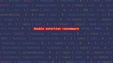 Siber saldırı, kod editörü stüdyo noktasının ön ekranında çifte fidye yazılımı. İncinebilirlik metni ikili sistem ascii içinde. İngilizce metin, İngilizce metin