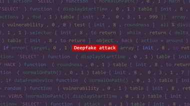 Siber saldırı, Vue 'nun kod editörü stüdyo noktasının ön planında sahte saldırı metni. İncinebilirlik metni ikili sistem ascii içinde. İngilizce metin, İngilizce metin