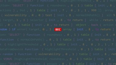 Vue 'nun kod düzenleyicisi stüdyo noktasında siber saldırı bec metni. İncinebilirlik metni ikili sistem ascii içinde. İngilizce metin, İngilizce metin
