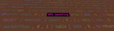 Vue 'nun kod editörü stüdyo noktasında sanal saldırı GPS sahte metni. Saldırı sisteminde hassasiyet metni ascii. İngilizce metin, İngilizce metin