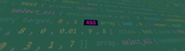 Vue 'nun kod düzenleyicisi stüdyo noktasında siber saldırı xss metni. Saldırı sisteminde hassasiyet metni ascii. İngilizce metin, İngilizce metin