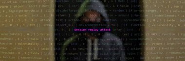 Siber saldırı oturumu, ön plandaki saldırı metnini tekrar oynatıyor. Arka planda kapüşonlu kapüşonlu bir bilgisayar korsanı gizleniyor. İncinebilirlik metni ikili sistem ascii sanat tarzında, kod düzenleyici ekranda. İngilizce metin, İngilizce metin