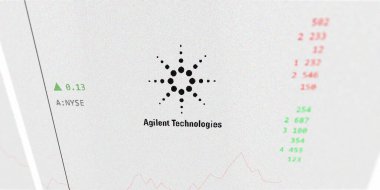 April 09th 2024 , Santa Clara, California. Close up on logo of Agilent Technologies on the screen of an exchange. Agilent Technologies price stocks, $A on a device. clipart