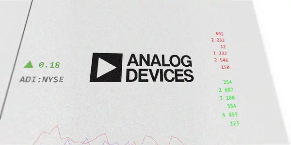 stock image April 09th 2024 , Wilmington, Massachusetts. Close up on logo of Analog Devices on the screen of an exchange. Analog Devices price stocks, $ADI on a device.