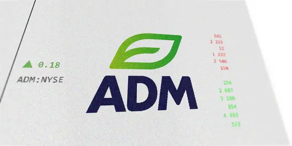 stock image April 09th 2024 , Chicago, Illinois. Close up on logo of ADM on the screen of an exchange. ADM price stocks, $ADM on a device.