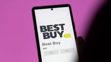April 09th 2024 , Richfield, Minnesota. Close up on logo of Best Buy on the screen of an exchange. Best Buy price stocks, $BBY on a device.