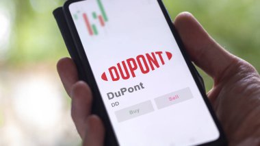 April 09th 2024 , Wilmington, Delaware. Close up on logo of DuPont on the screen of an exchange. DuPont price stocks, $DD on a device. clipart