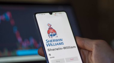 April 09th 2024 , Cleveland, Ohio. Close up on logo of Sherwin-Williams on the screen of an exchange. Sherwin-Williams price stocks, $SHW on a device. clipart