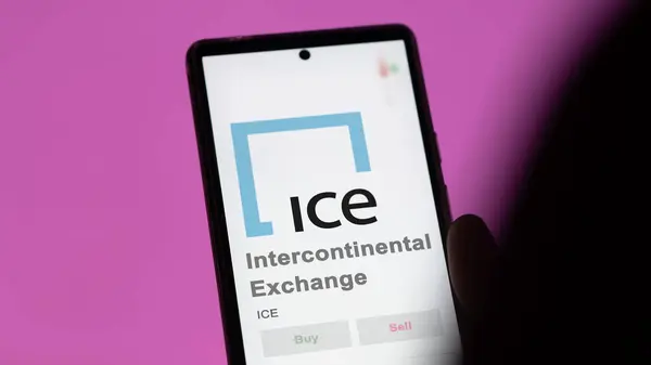 stock image April 09th 2024 , Atlanta, Georgia. Close up on logo of Intercontinental Exchange on the screen of an exchange. Intercontinental Exchange price stocks, $ICE on a device.