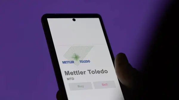 Stock image April 09th 2024 , Columbus, Ohio. Close up on logo of Mettler Toledo on the screen of an exchange. Mettler Toledo price stocks, $MTD on a device.