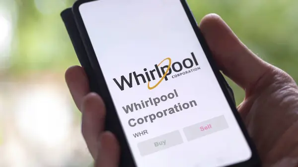 Stock image April 09th 2024 , Benton Harbor, Michigan. Close up on logo of Whirlpool Corporation on the screen of an exchange. Whirlpool Corporation price stocks, $WHR on a device.