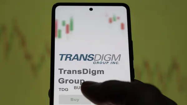 stock image April 09th 2024 , Cleveland, Ohio. Close up on logo of TransDigm Group on the screen of an exchange. TransDigm Group price stocks, $TDG on a device.