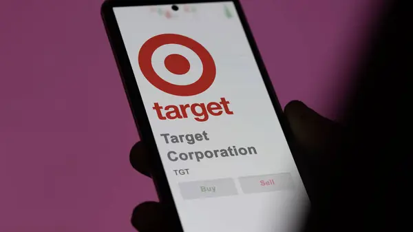 stock image April 09th 2024 , Minneapolis, Minnesota. Close up on logo of Target Corporation on the screen of an exchange. Target Corporation price stocks, $TGT on a device.