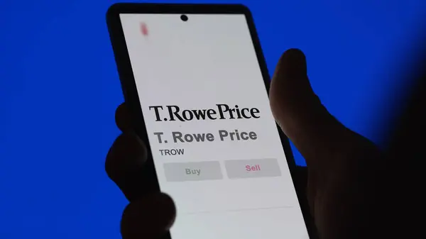 stock image April 09th 2024 , Baltimore, Maryland. Close up on logo of T. Rowe Price on the screen of an exchange. T  Rowe Price price stocks, $TROW on a device.