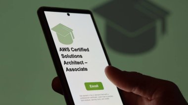 AWS Certified Solutions Architect Associate program. A student enrolls in courses to study, to learn a new skill and pass certification.  clipart