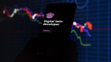 Bir öğrenci dijital ikiz geliştirici programı okumak için kurslara kaydoluyor, yeni beceriler ve telefon sertifikası almak için. İngilizce metin, İngilizce metin.