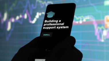 A student enrolls in courses to study building a professional support system program, learn new skill and pass certification, on a phone. Text in English, English text. clipart