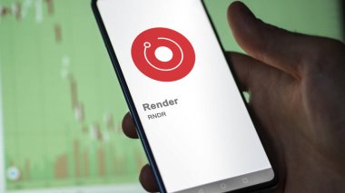 17 Nisan 2024, Şangay, Çin. Değiş tokuş ekranındaki (RNDR) render logosuna yaklaş. Fiyat hisselerini ve RNDR 'ı bir cihaza yükle.