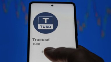 17 Nisan 2024, Şangay, Çin. Takas ekranındaki (TUSD) Trueusd logosuna yaklaş. Gerçek fiyat hisseleri, bir cihaza TUSD dolar..