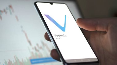 17 Nisan 2024, Şangay, Çin. Vechain (VET) logosuna yakın çekim bir takas ekranında. Vechain Fiyat Hisseleri, Veteriner Doları.