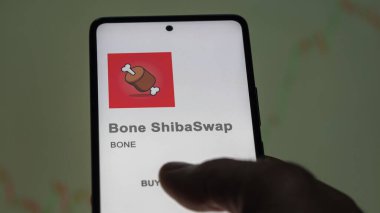 Değiş tokuş ekranındaki Kemik Kemiği Gemi Değiştirme logosuna yaklaş. Bone Bone ShibaSwap hisse senetleri, bir cihazda $Bone.