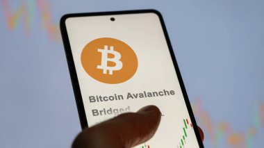 BTC Bitcoin Avalanche Brided 'in logosuna yakın çekim. BTC b Bitcoin Çığ Fiyat borsaları, bir aygıt üzerinde $BTC.b.