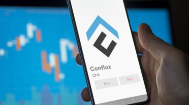 Değiş tokuş ekranındaki CFX Conflux logosuna yaklaş. CFX Fiyat hisseleri, bir aygıt üzerinde $CFX.